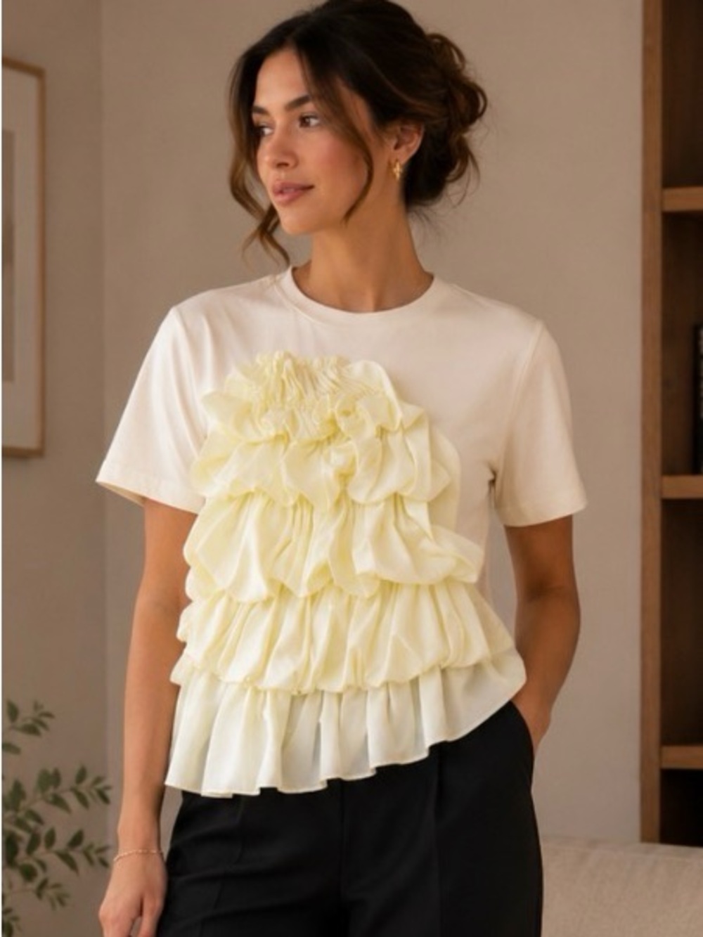 INITIAL light yellow Tee with cascading ruffle.